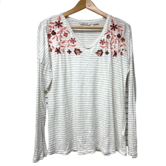 Orvis V-Neck Size Medium Light Gray Striped Long Sleeve Top Floral Embroidered - Picture 1 of 8